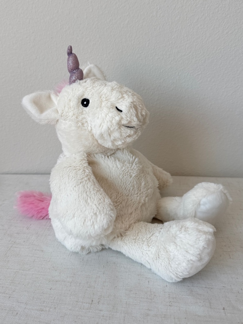 Cozy Hugs Microwaveable Plush White Unicorn Stuffed Animal with Pink Tail